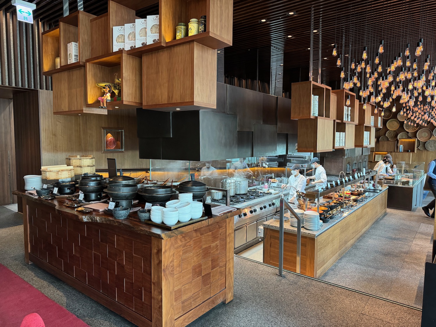 a kitchen with many food items