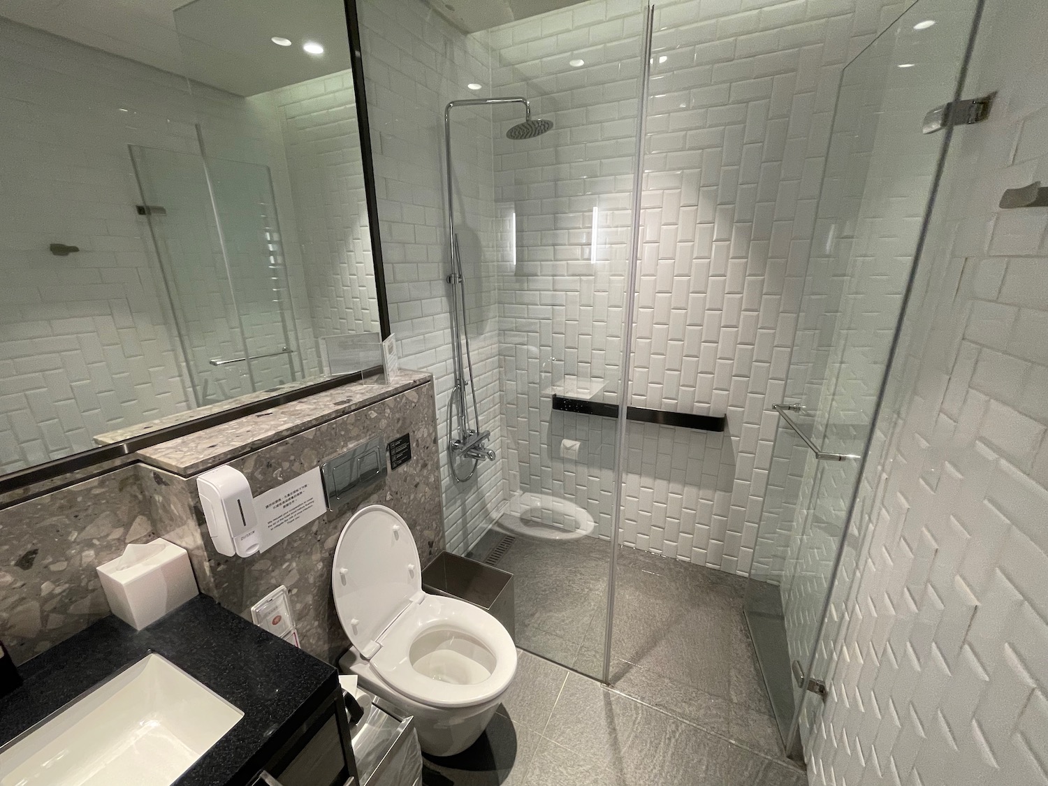 a bathroom with shower and toilet