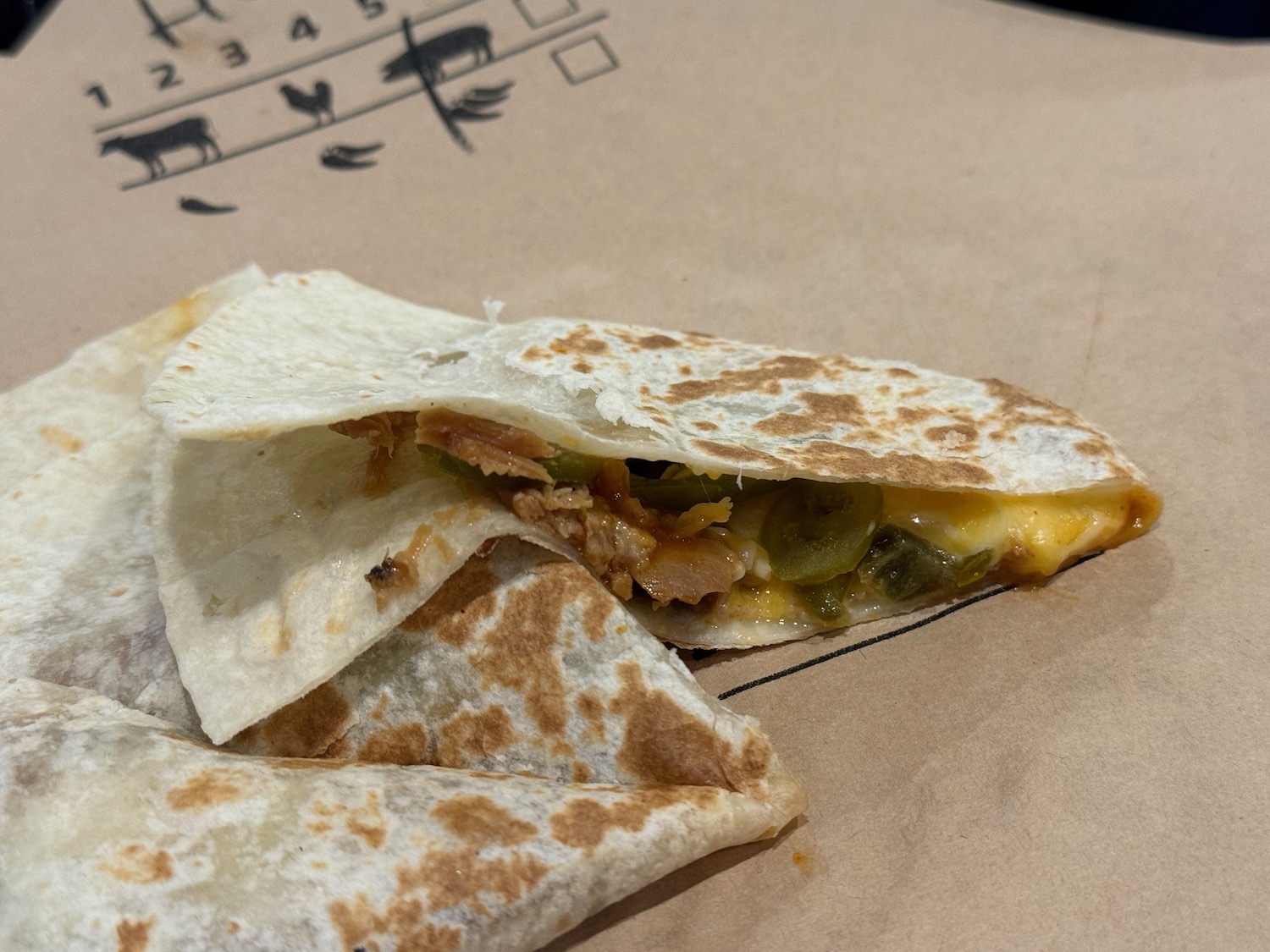 a quesadilla on a paper bag