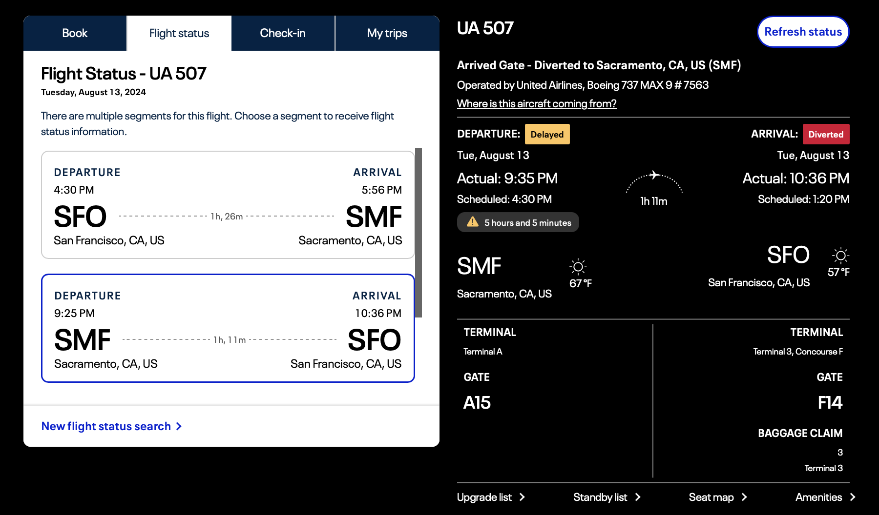 screens screenshot of a flight schedule