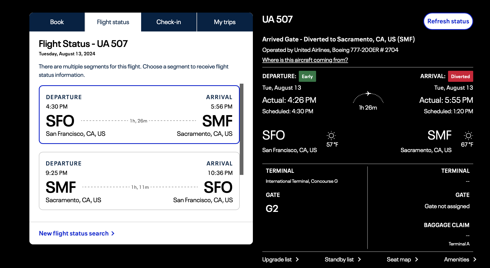 screens screenshot of a flight schedule