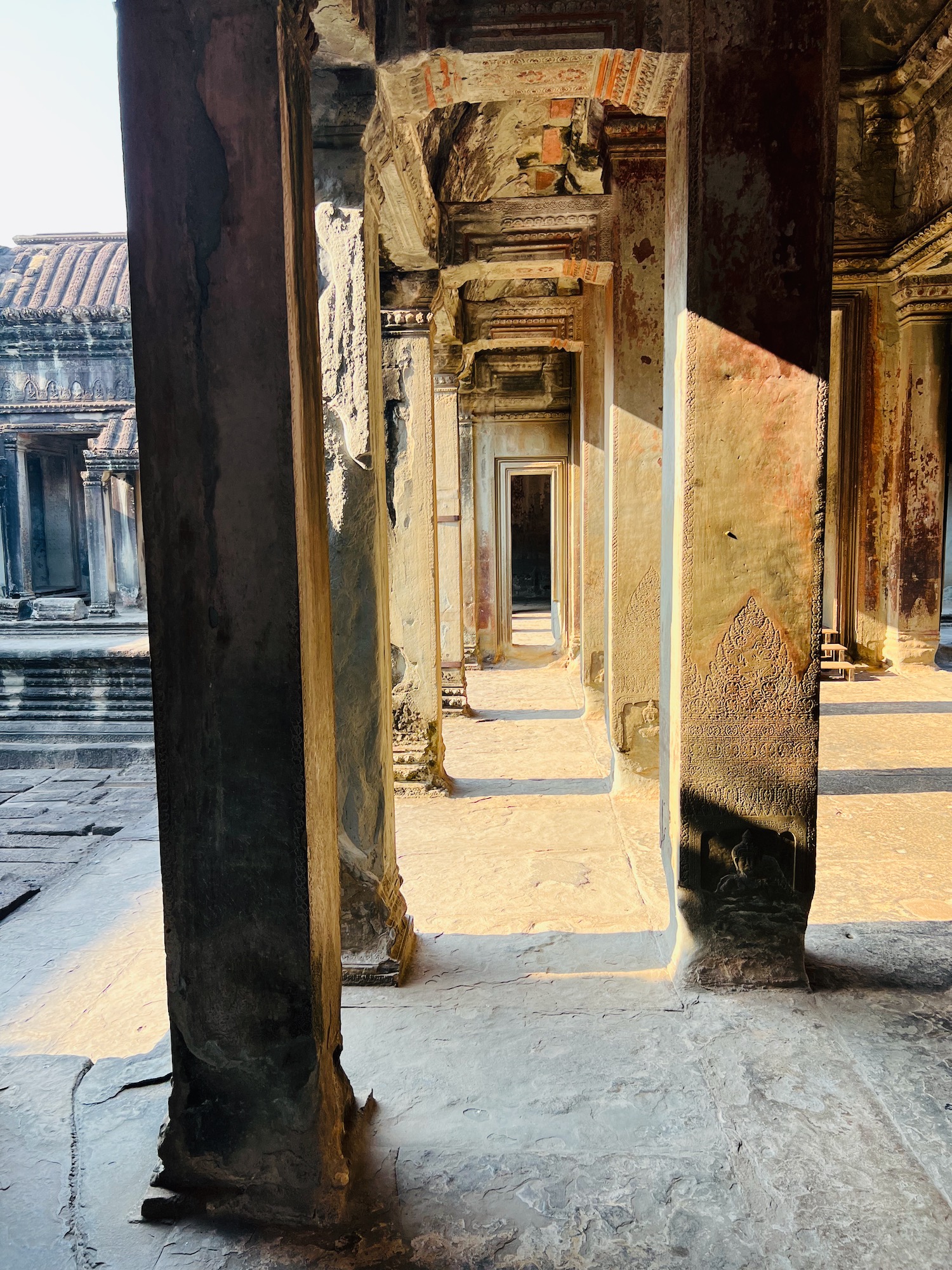 a stone pillars in a building