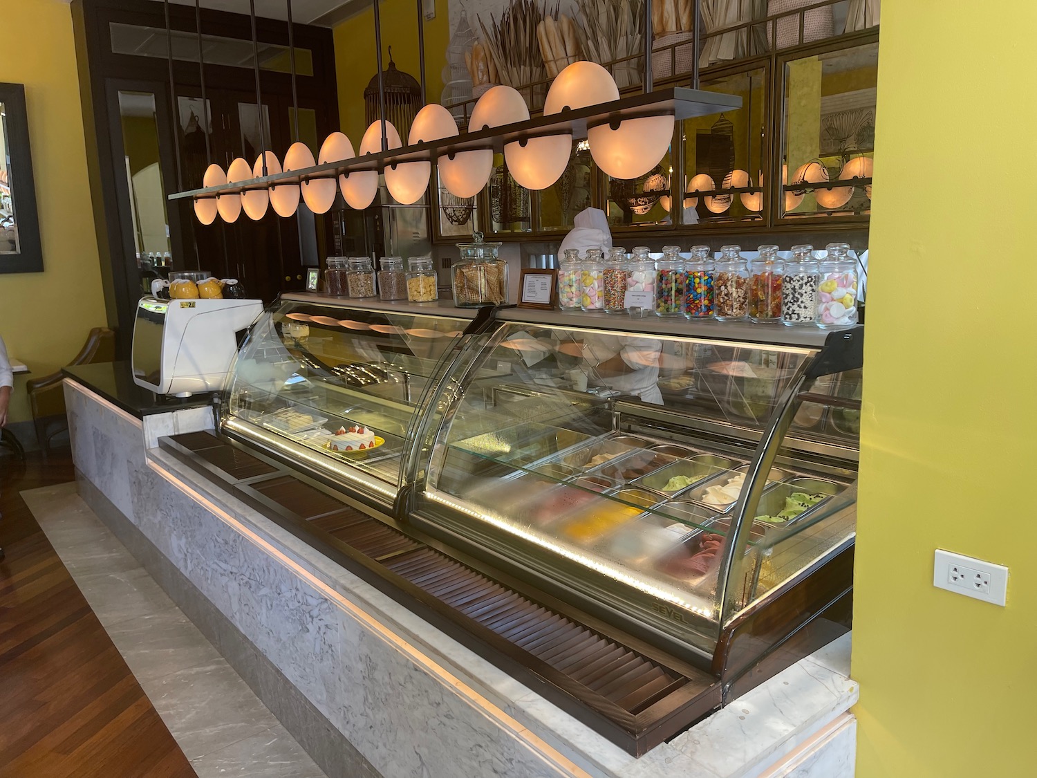 a display case of food in a bakery