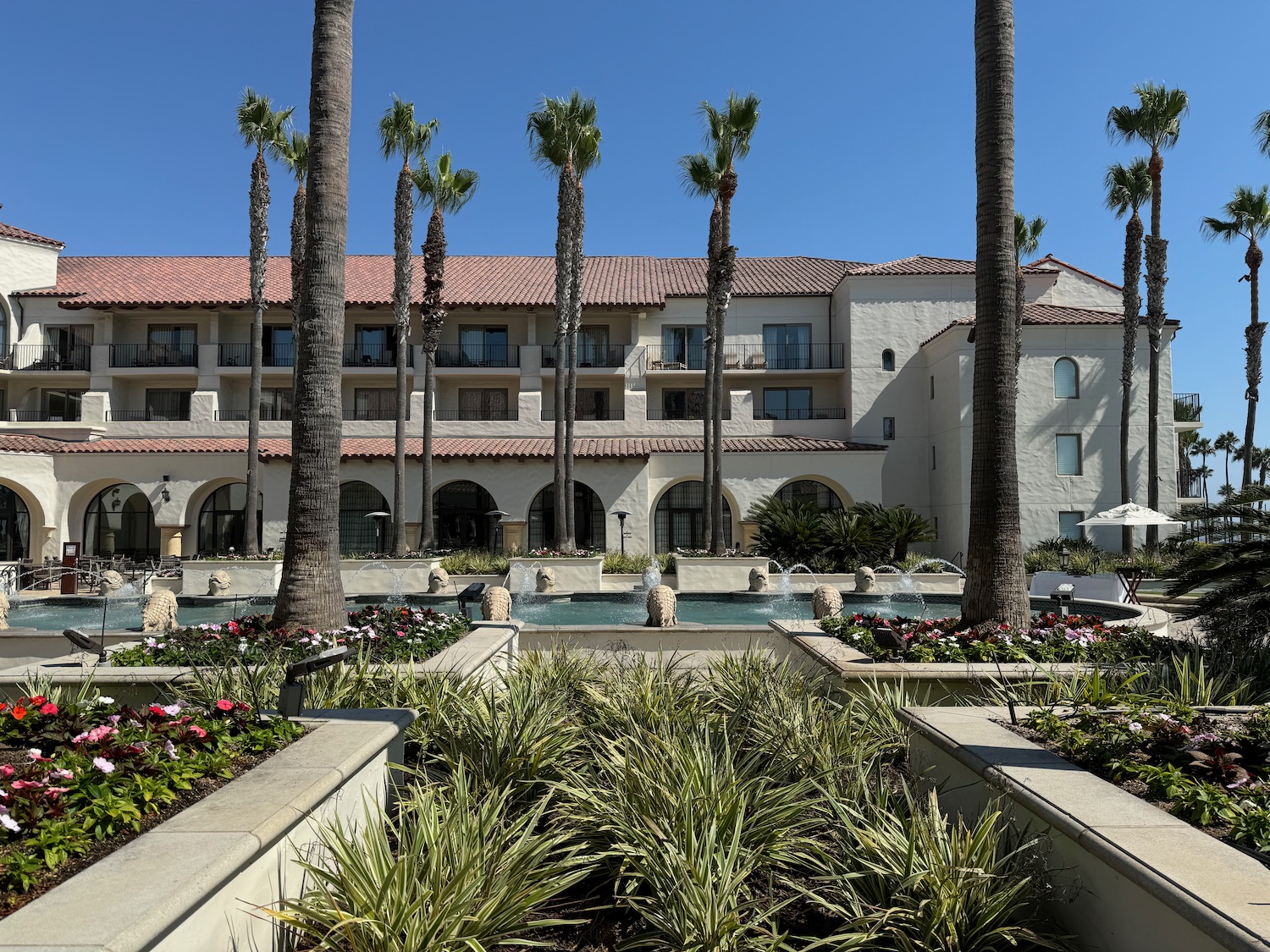 a building with palm trees and a pool of water