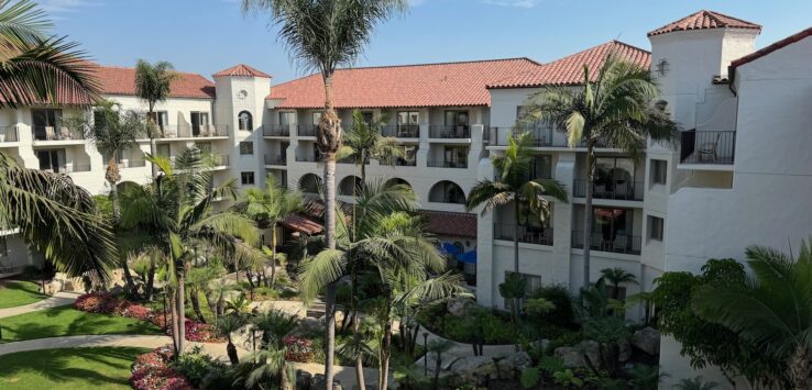 a building with palm trees and a lawn