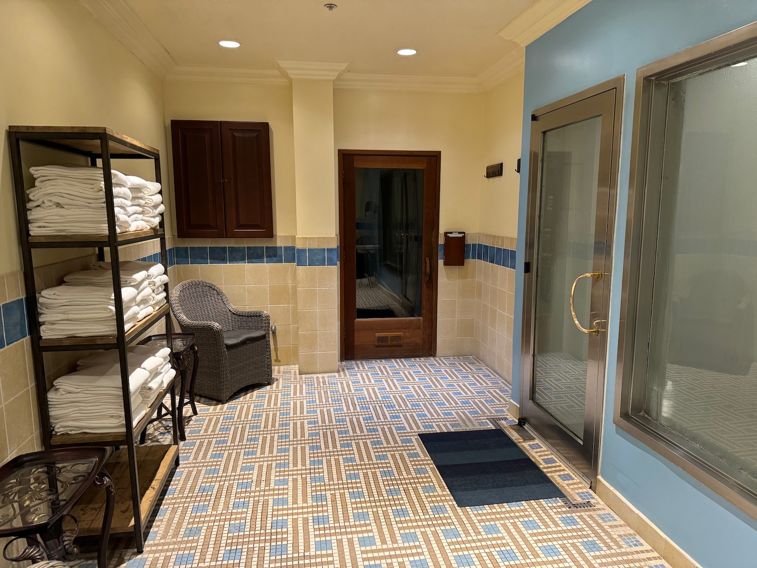 a room with a glass door and shelves with towels