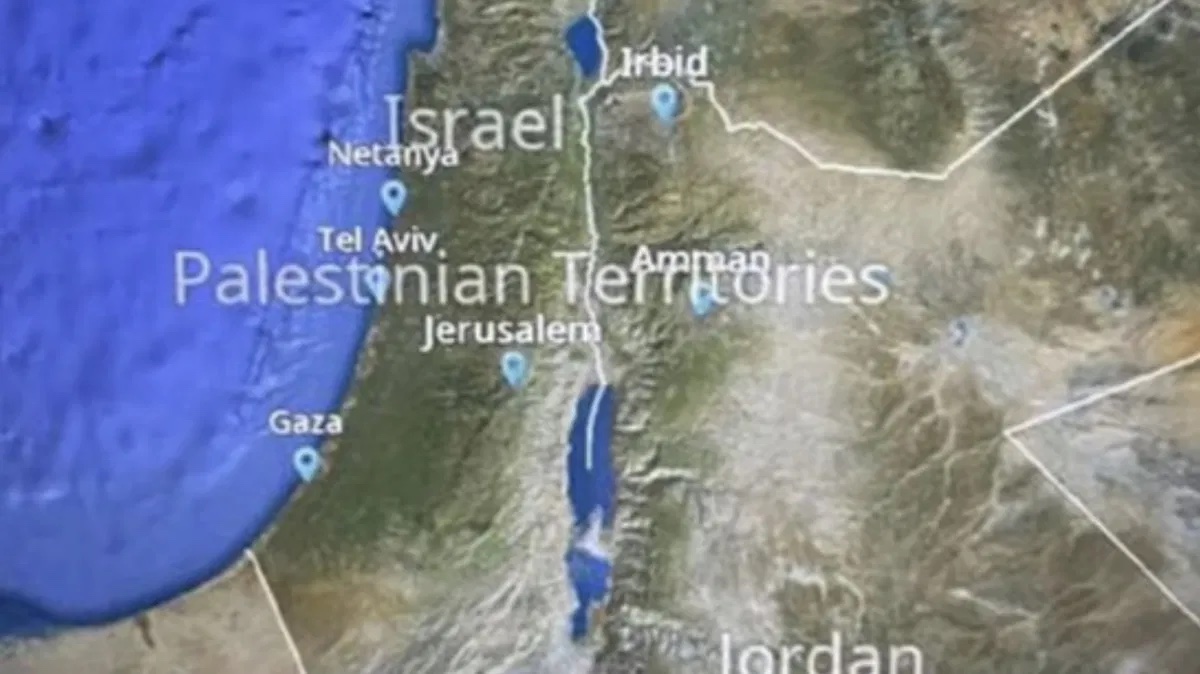 a map of israel with blue water and white text