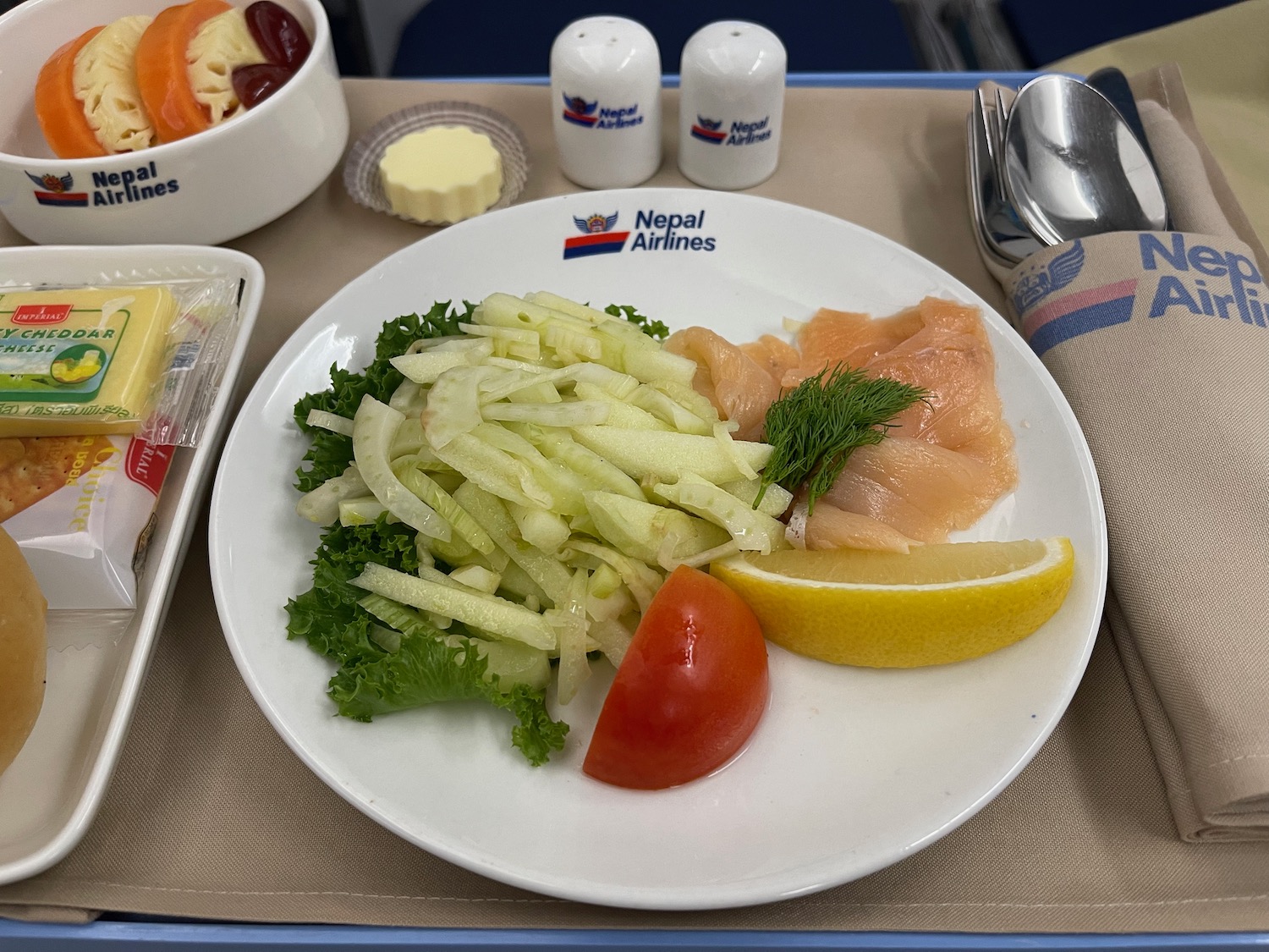 a plate of food on a tray