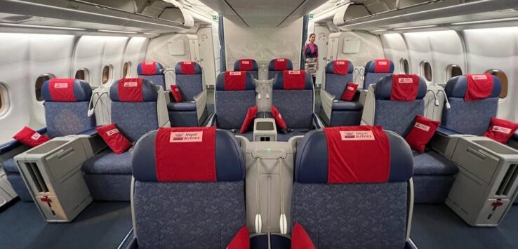 a plane with blue and red seats