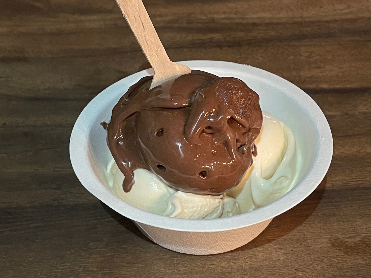 a bowl of ice cream with a wooden spoon