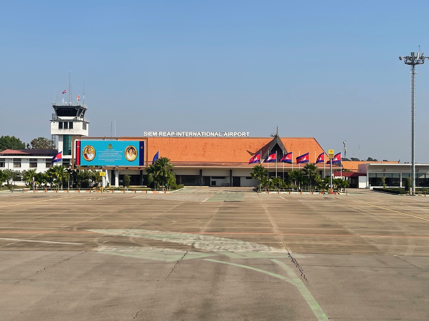 a building with flags in front of it