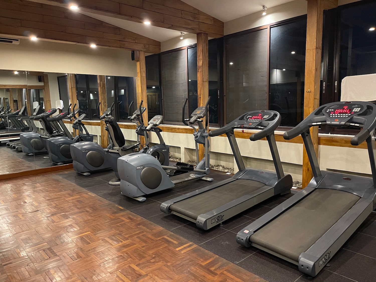 a group of treadmills in a room