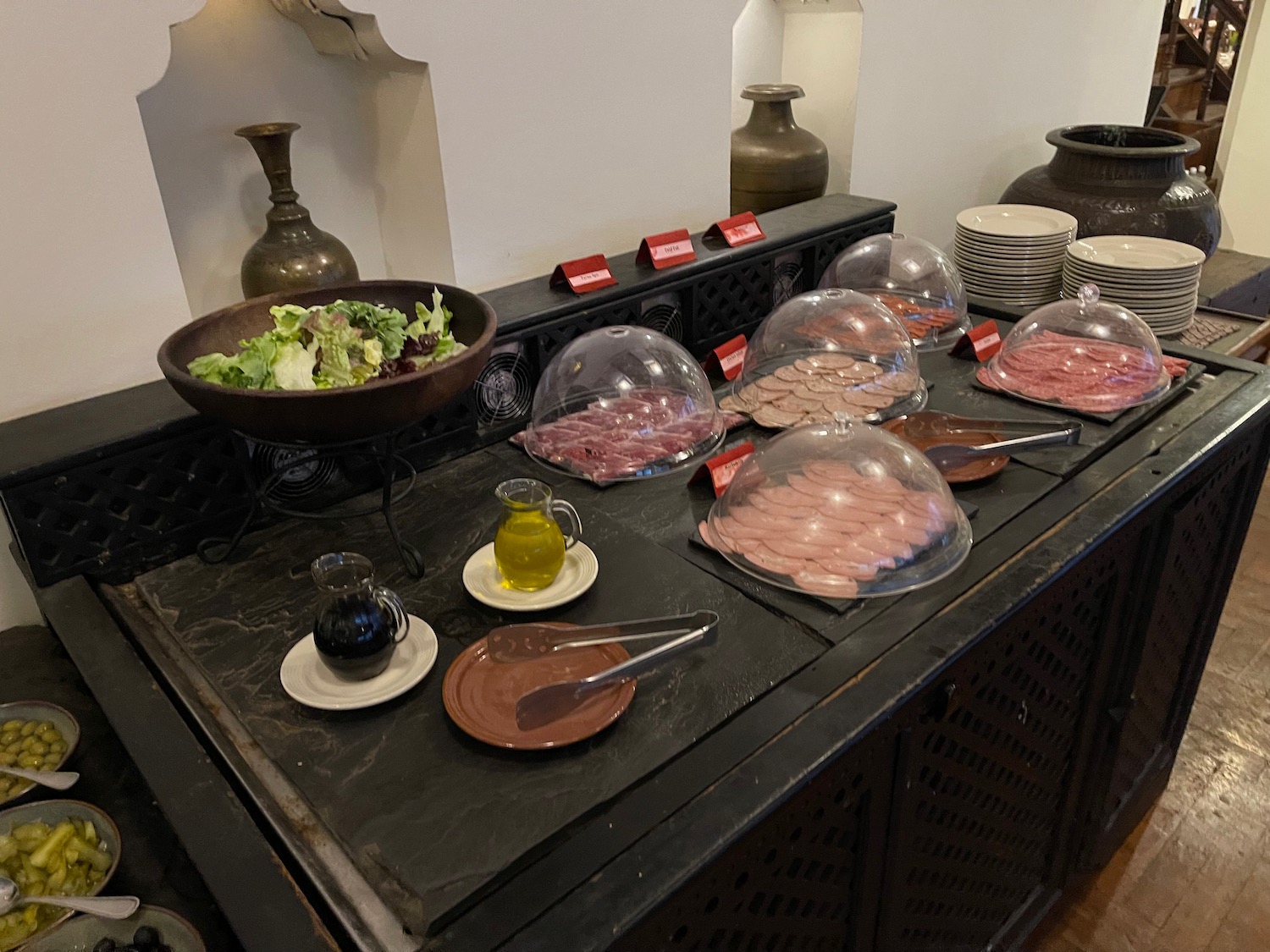 a buffet table with food on it