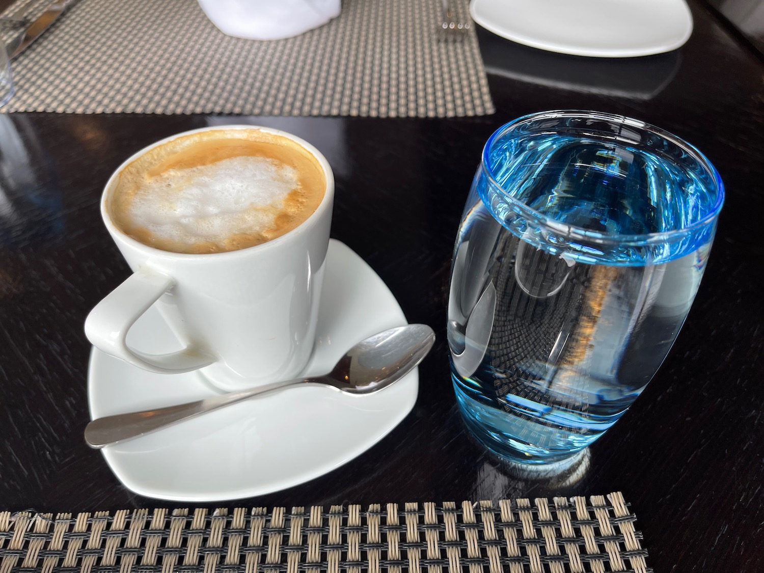 a cup of coffee and a glass of water