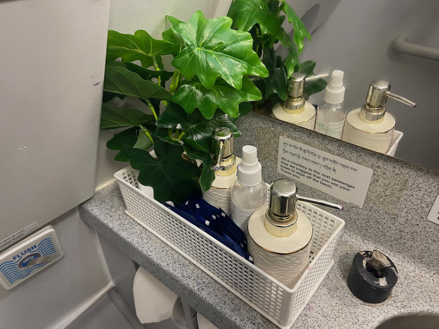 a basket with bottles and a plant on a counter