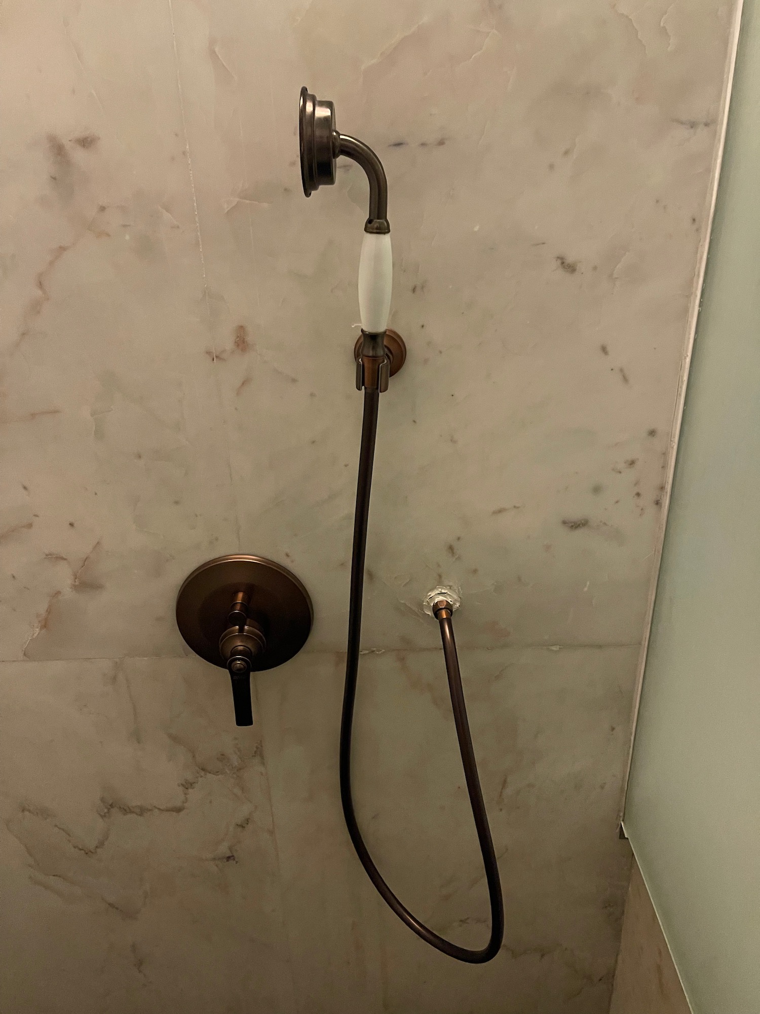 a shower head and hose on a wall