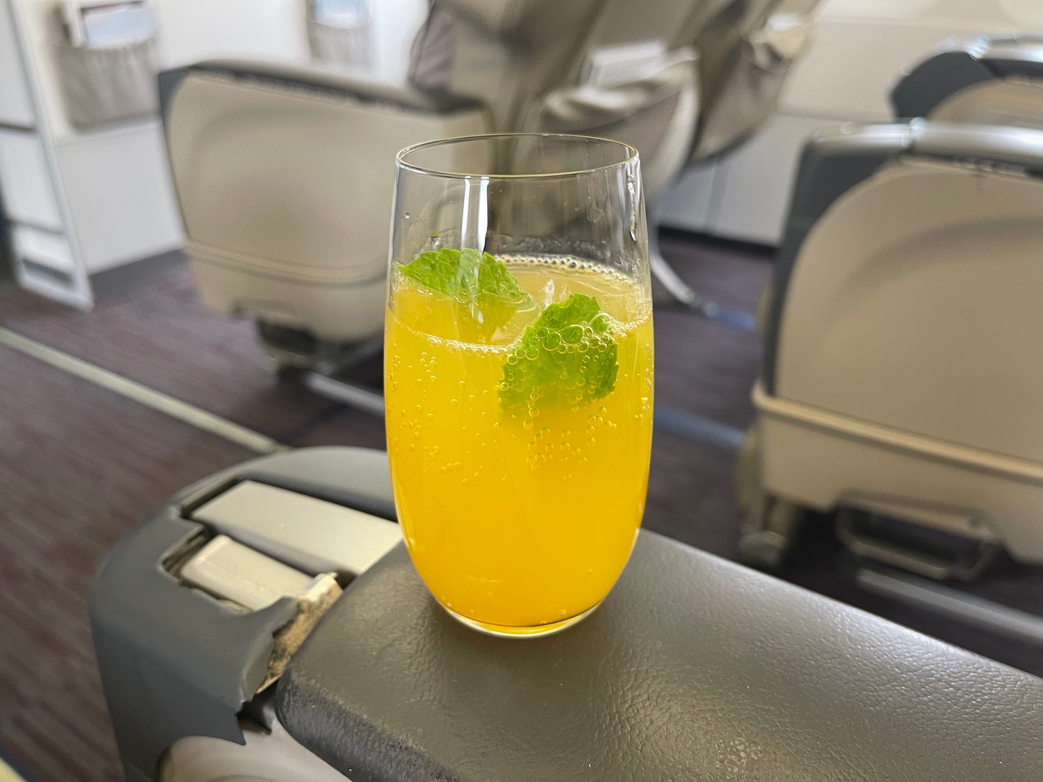 a glass of orange juice with mint leaves on a seat