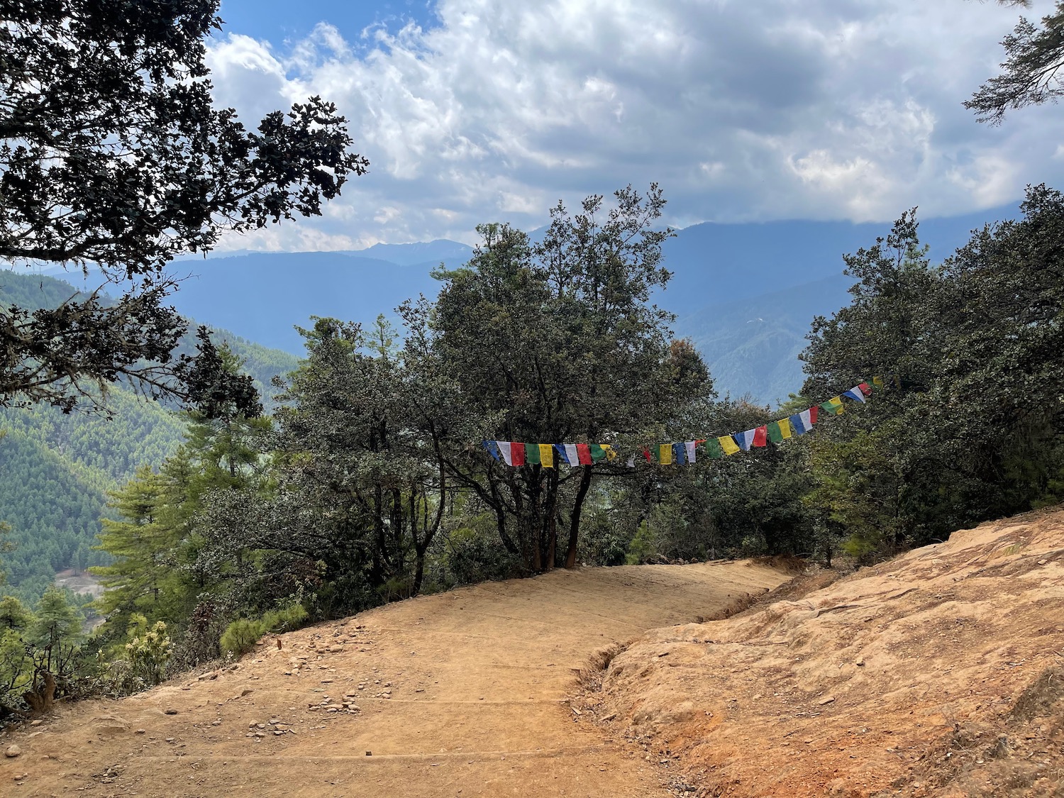 a dirt path with colorful flags on it