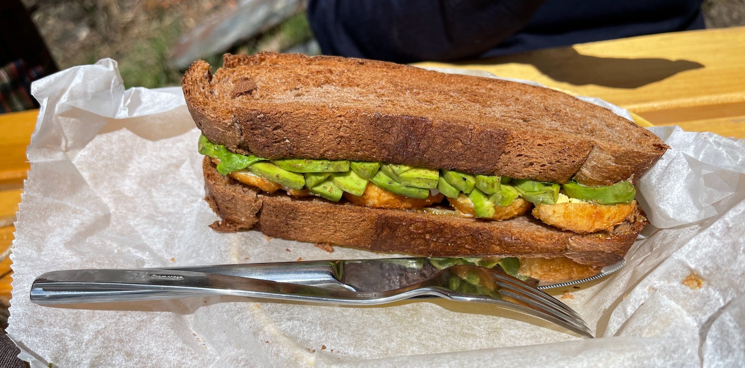 a sandwich with avocado and bread on a plate