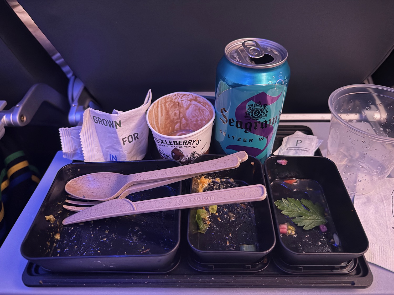 a tray with food and a can of soda on a plane