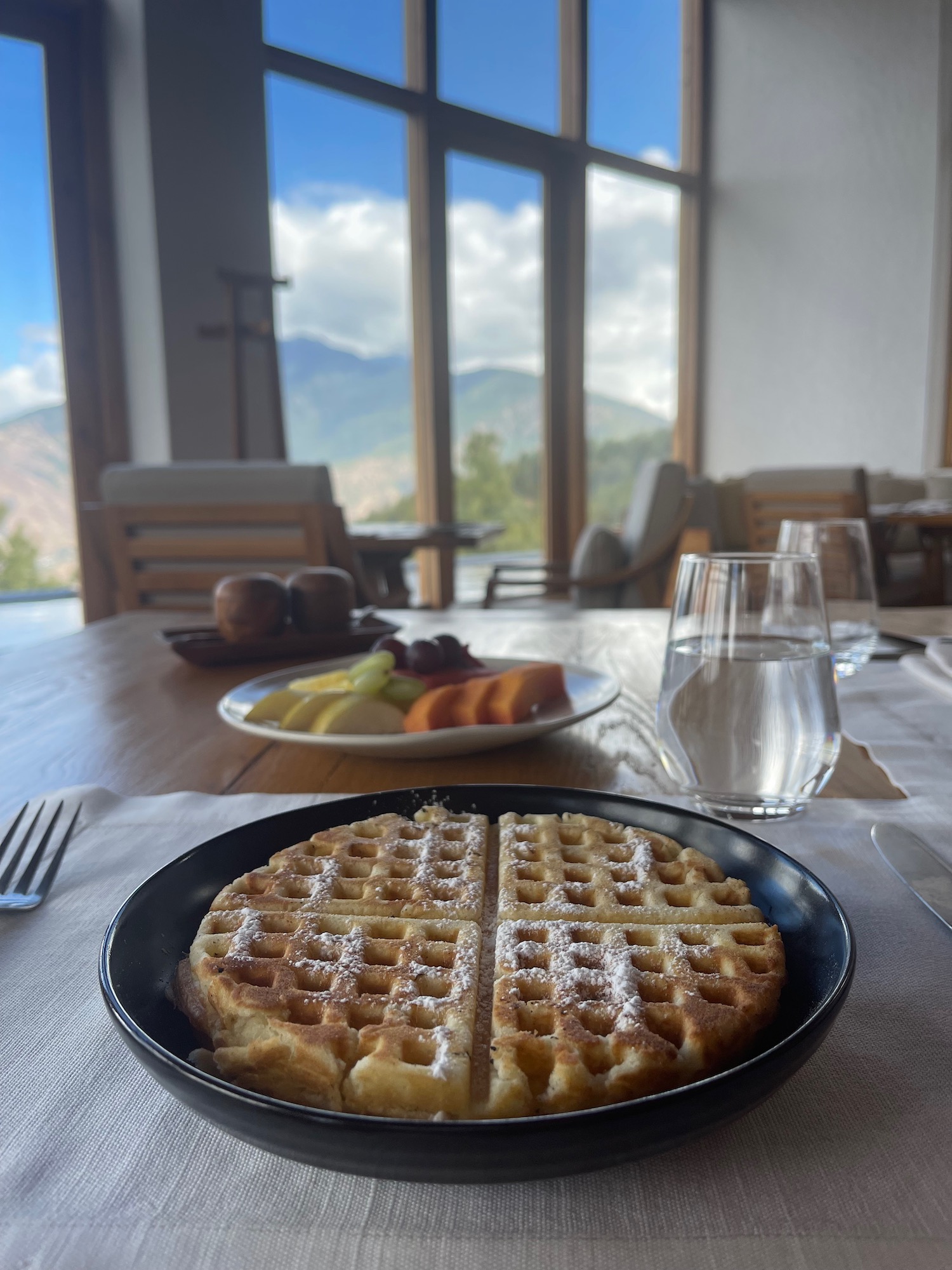 a waffles on a plate with fruit on a table