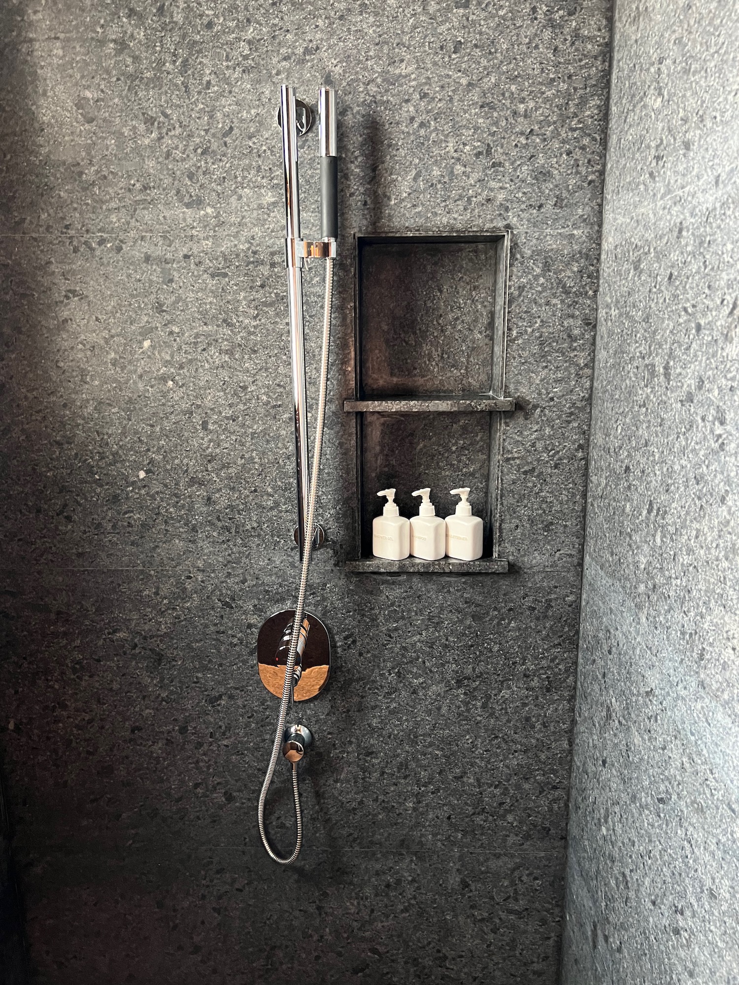 a shower with a shower head and soap dispenser