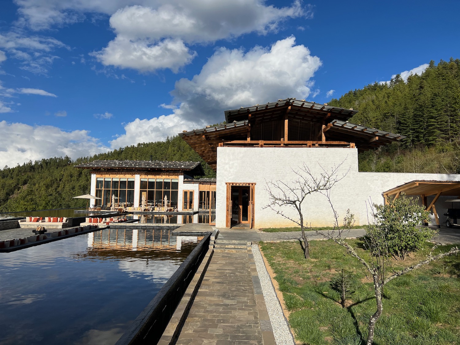 a building with a pool of water