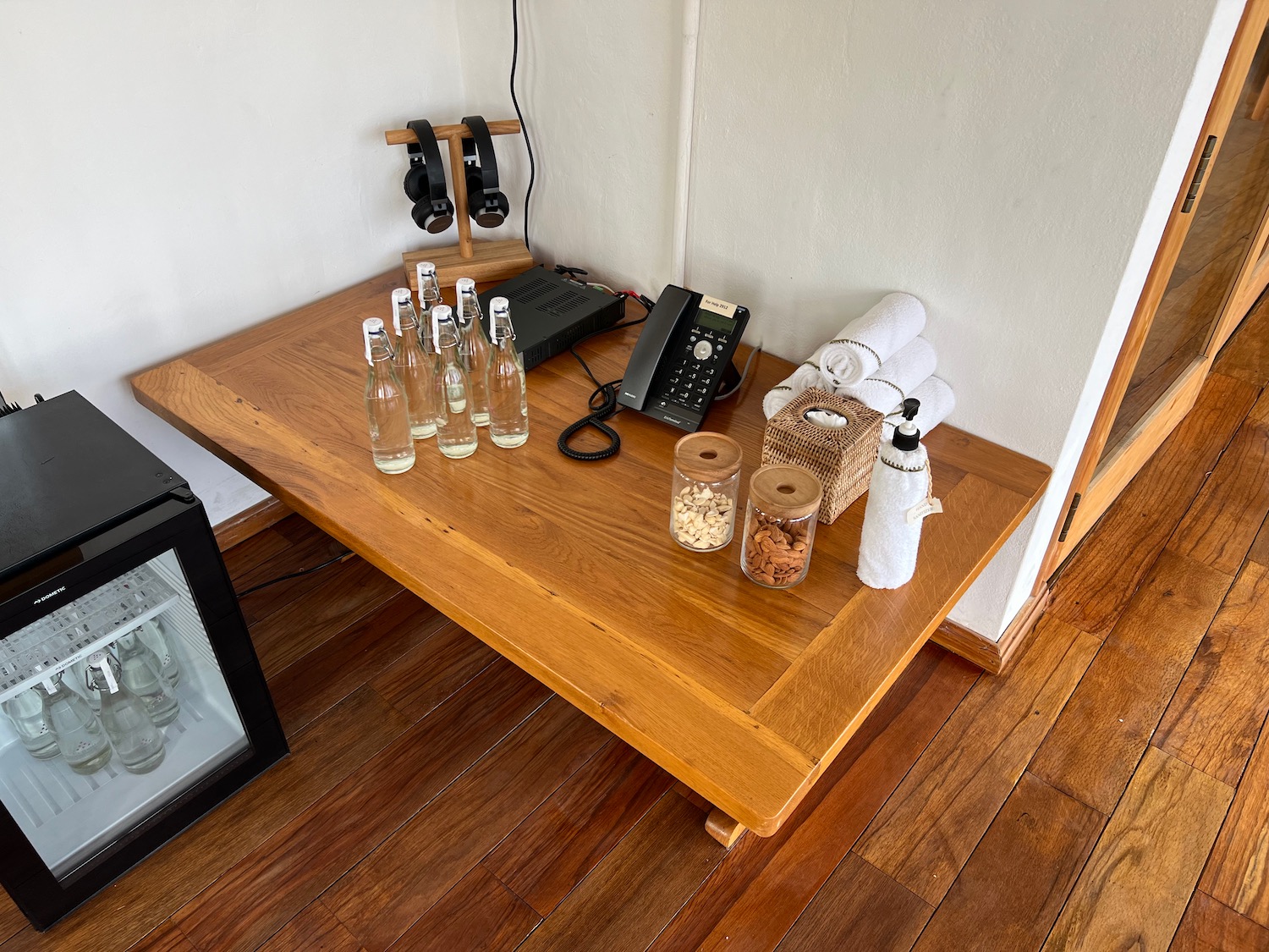 a table with bottles and objects on it