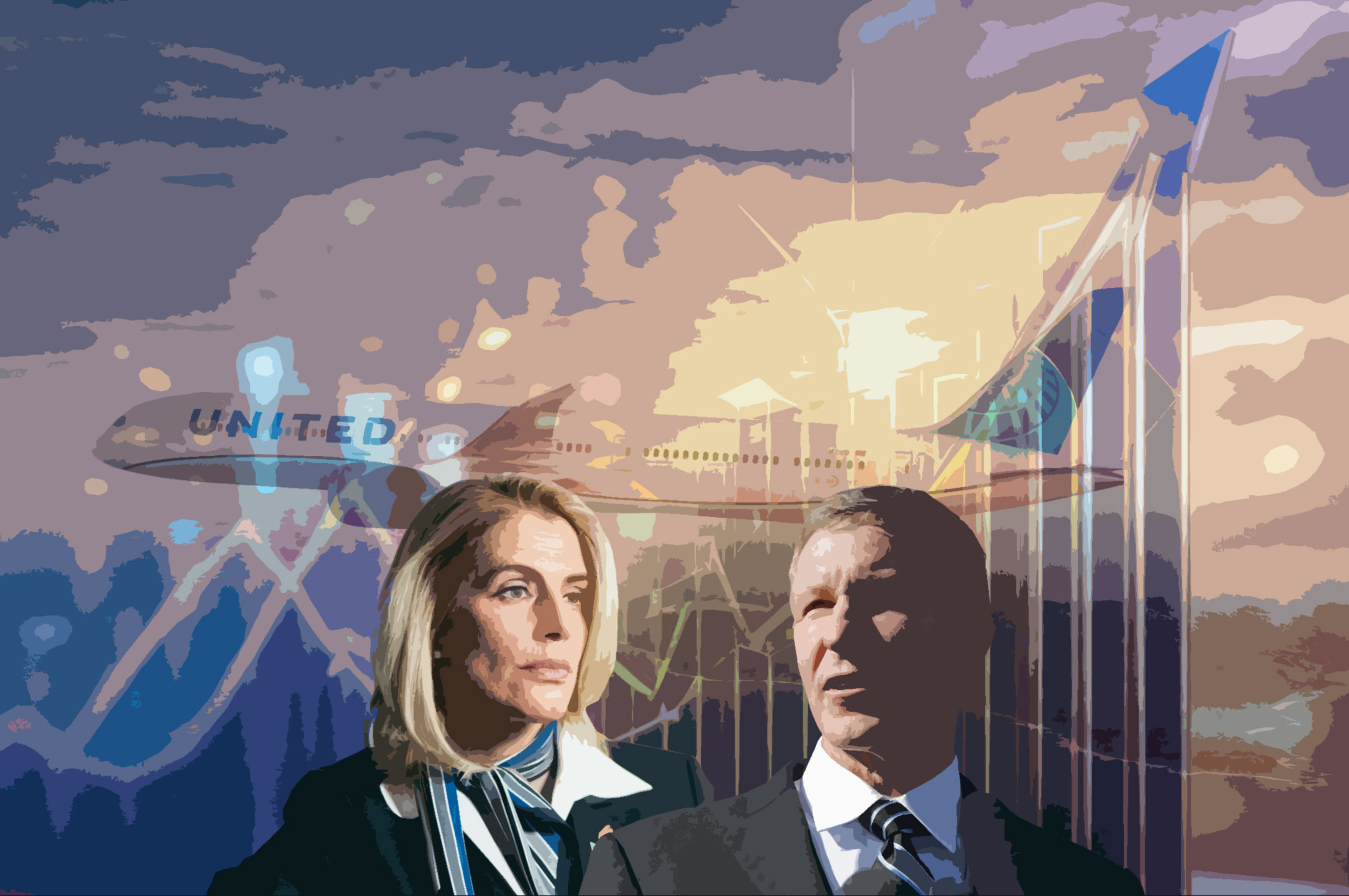 a man and woman standing in front of a wall with airplanes