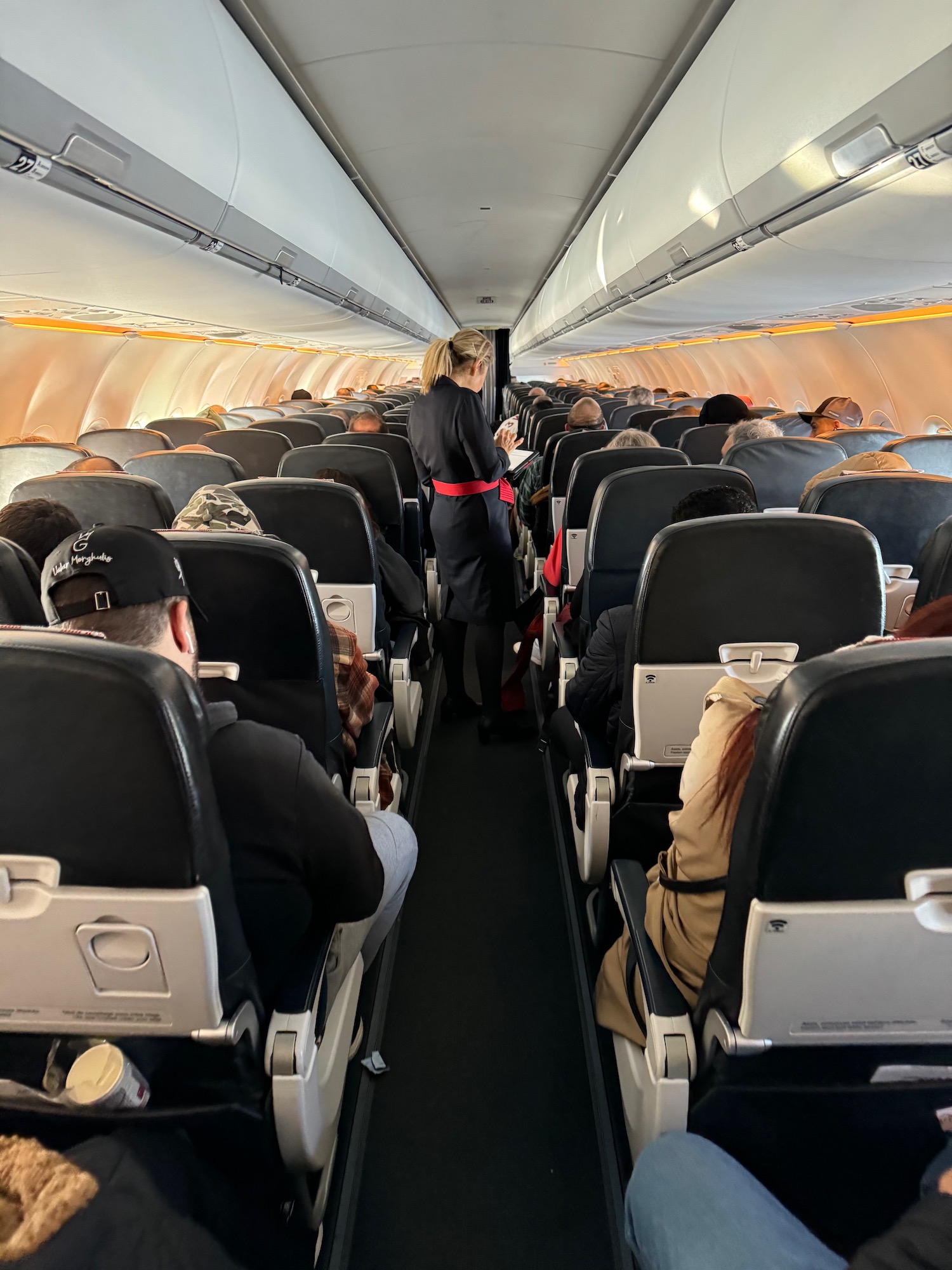 a woman standing in an airplane