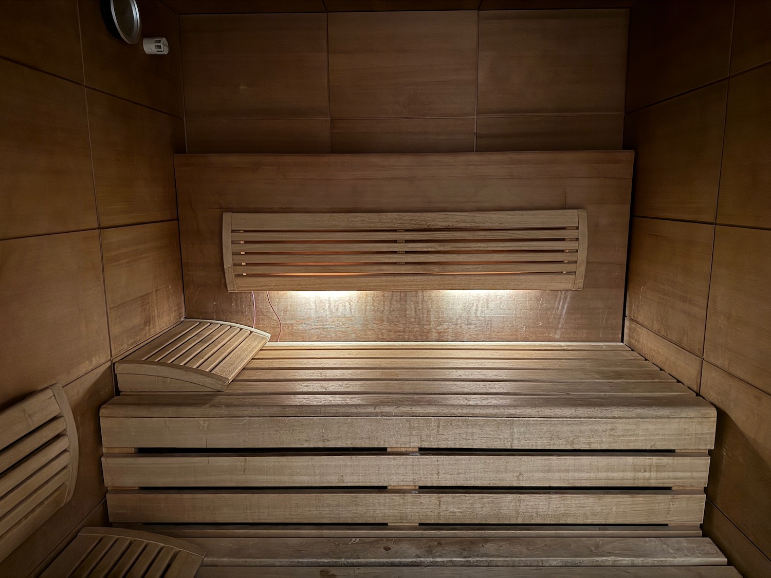 a wooden bench in a sauna