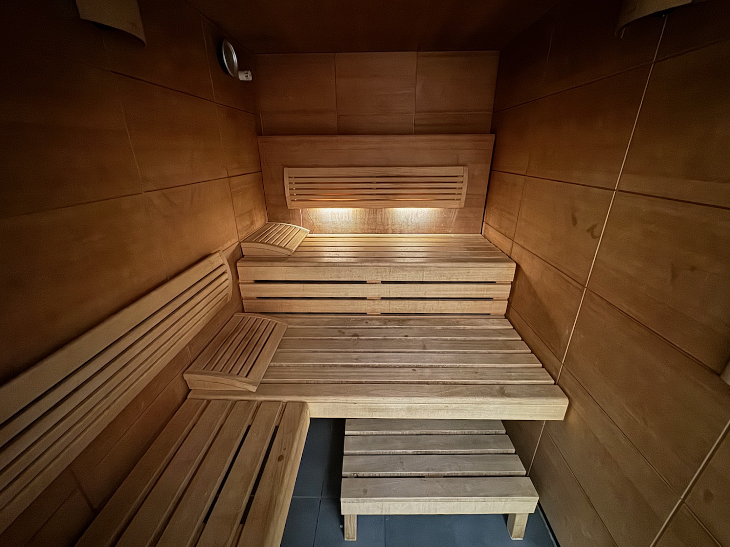 a wooden bench in a sauna