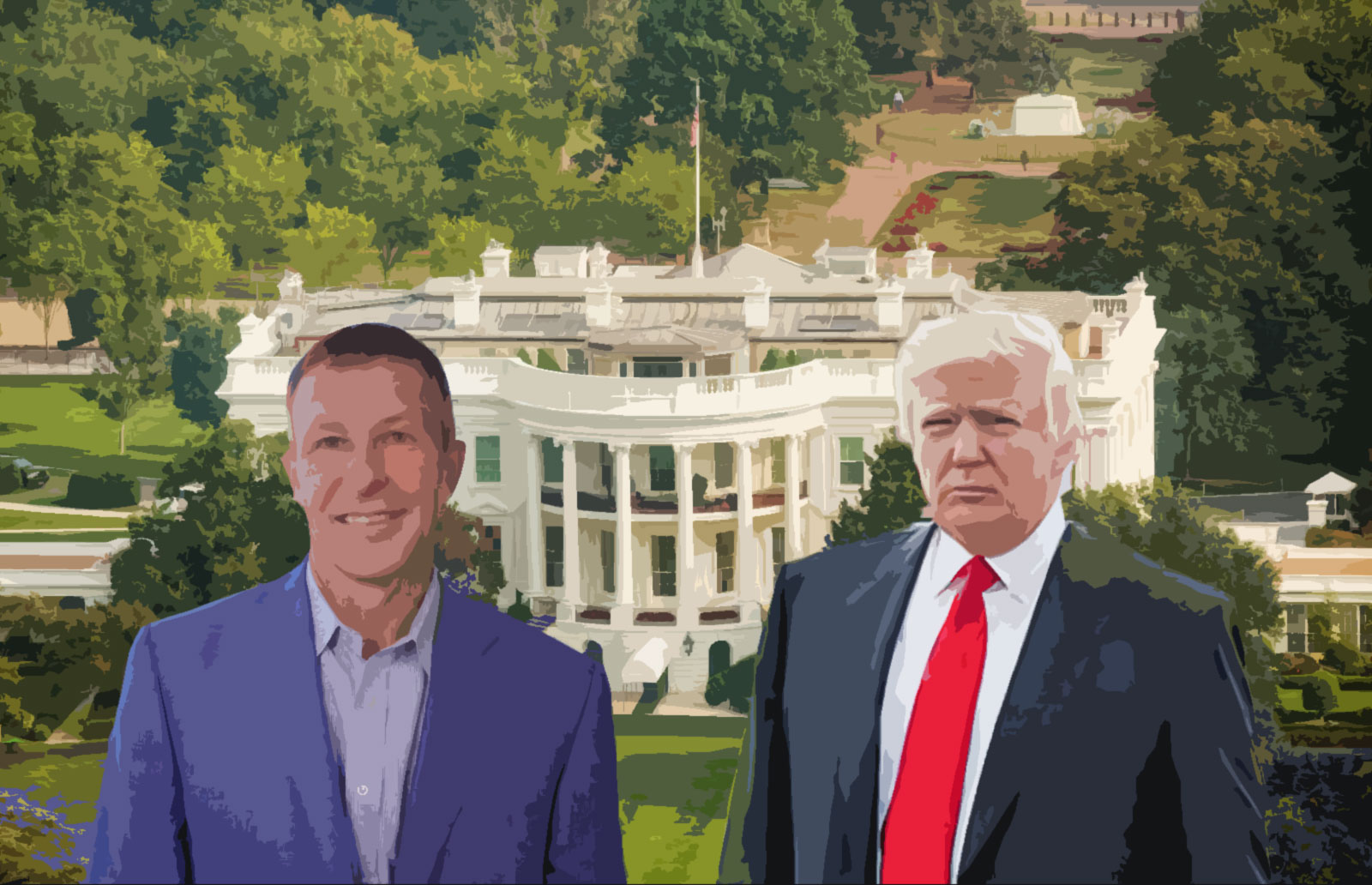 two men in suits and ties in front of a white house