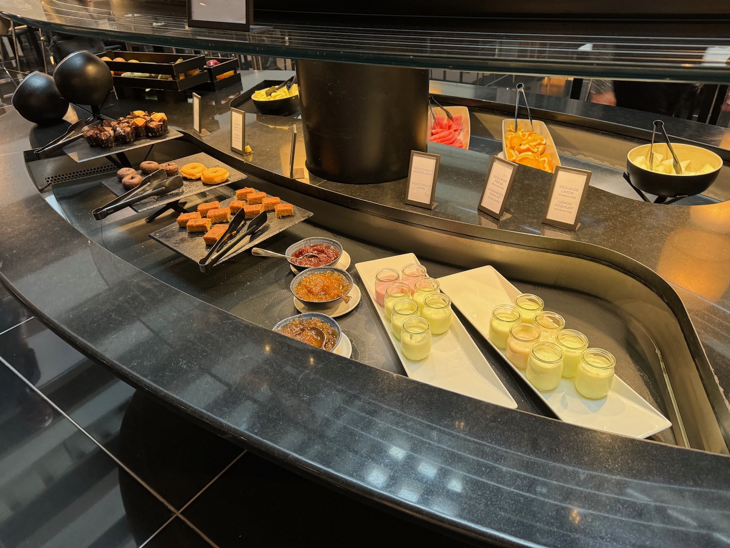 a buffet table with food on it