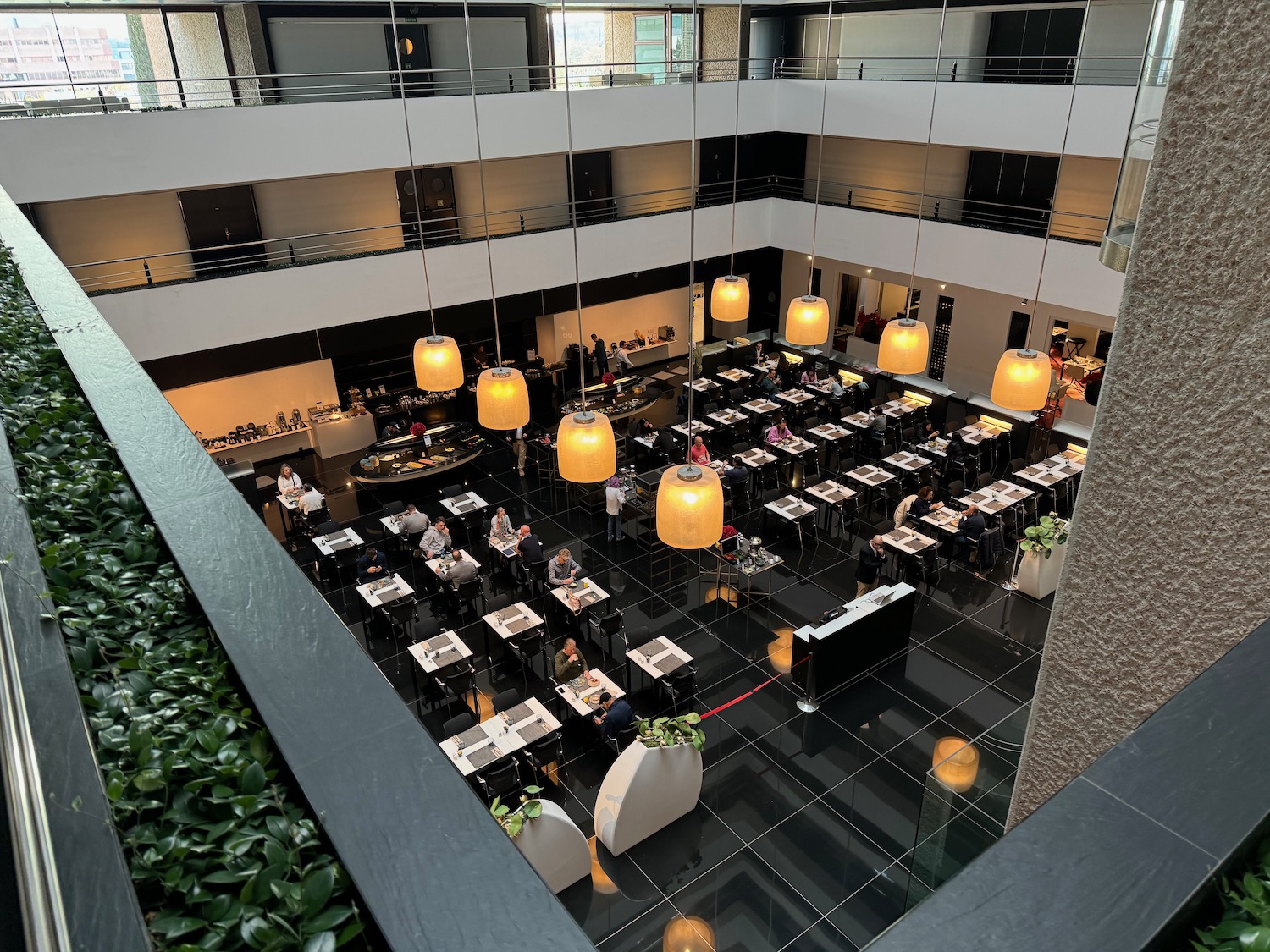 a large room with tables and chairs