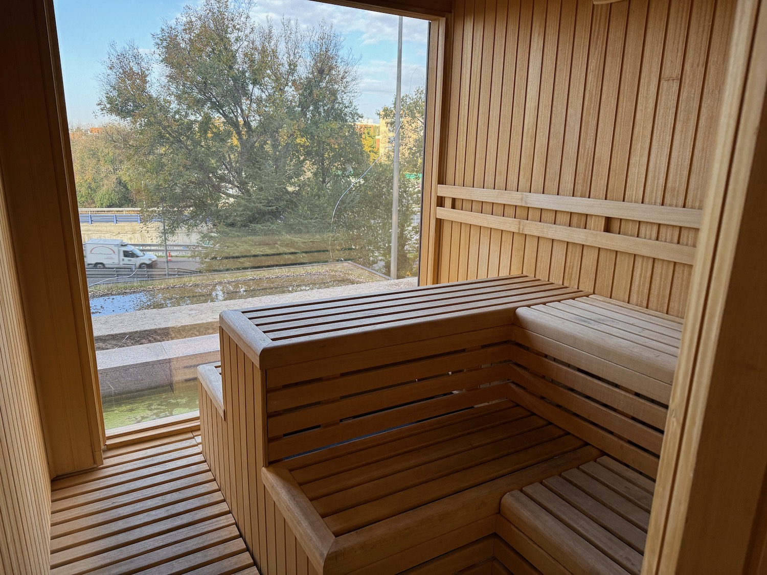 a wooden sauna with a window