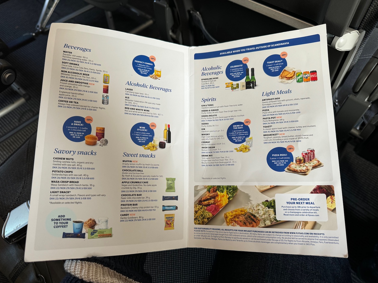 a menu on a plane