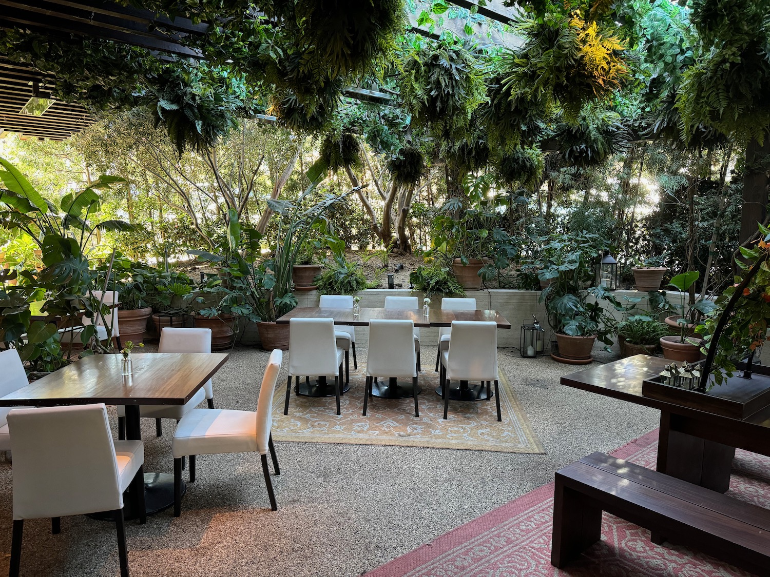 a patio with tables and chairs and plants