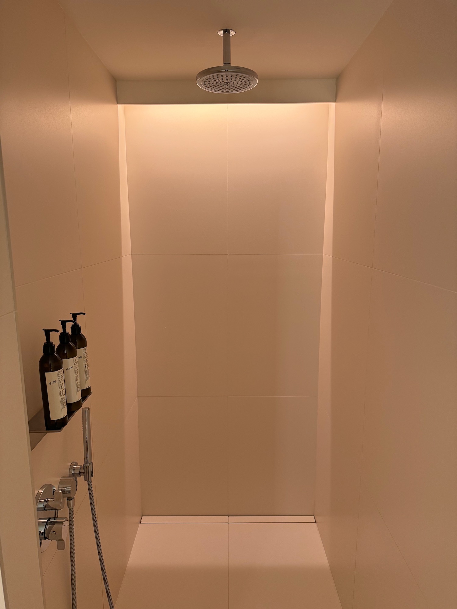 a shower with a shower head and bottles of liquid