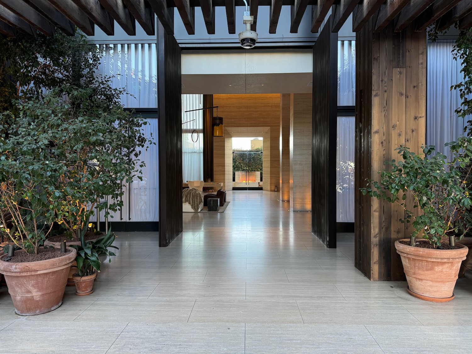 a hallway with potted plants