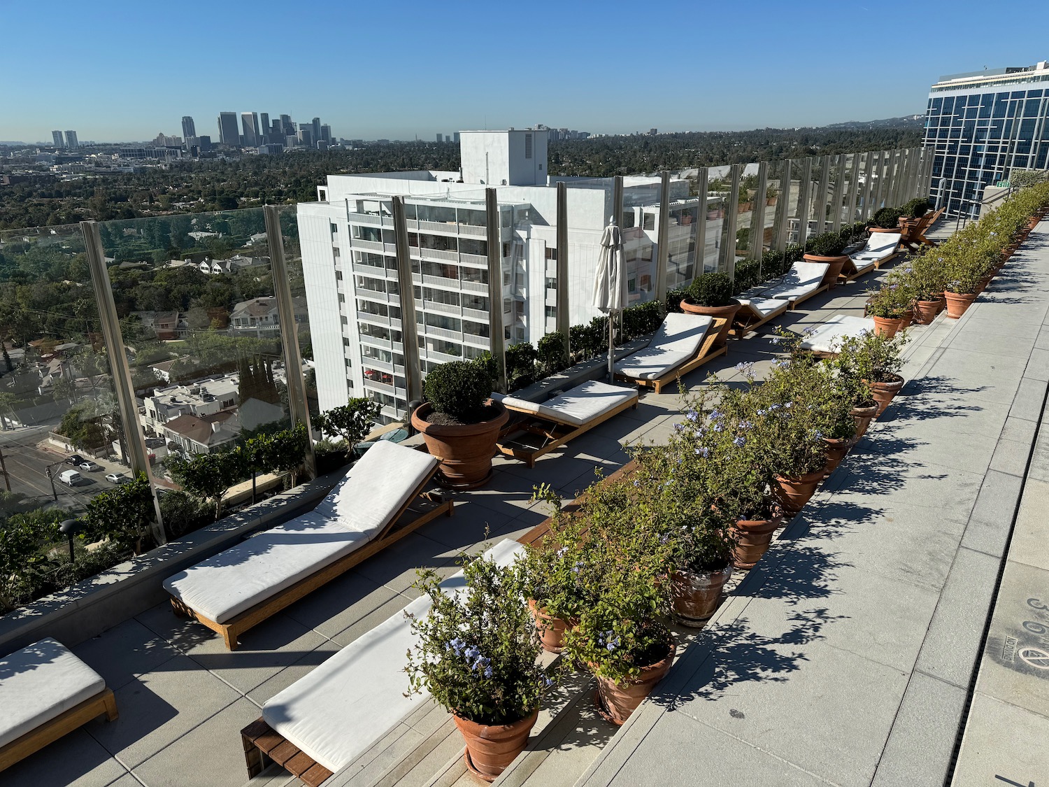 a row of lounge chairs on a rooftop