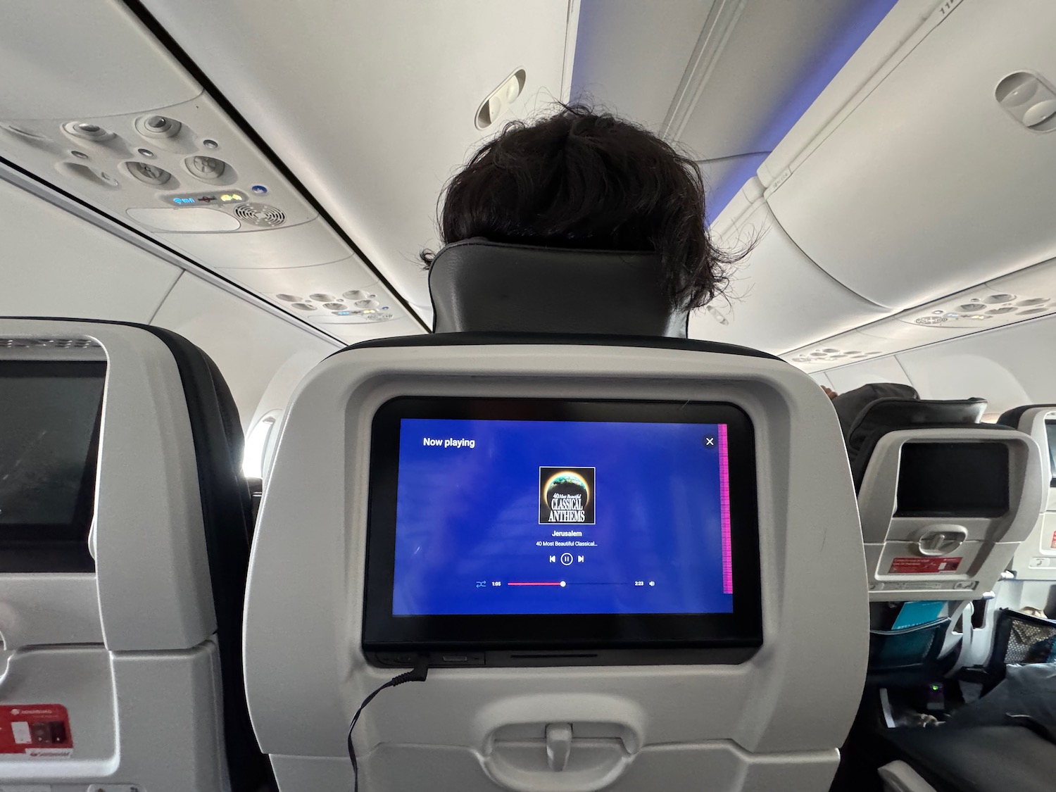 a person's head on an airplane with a screen