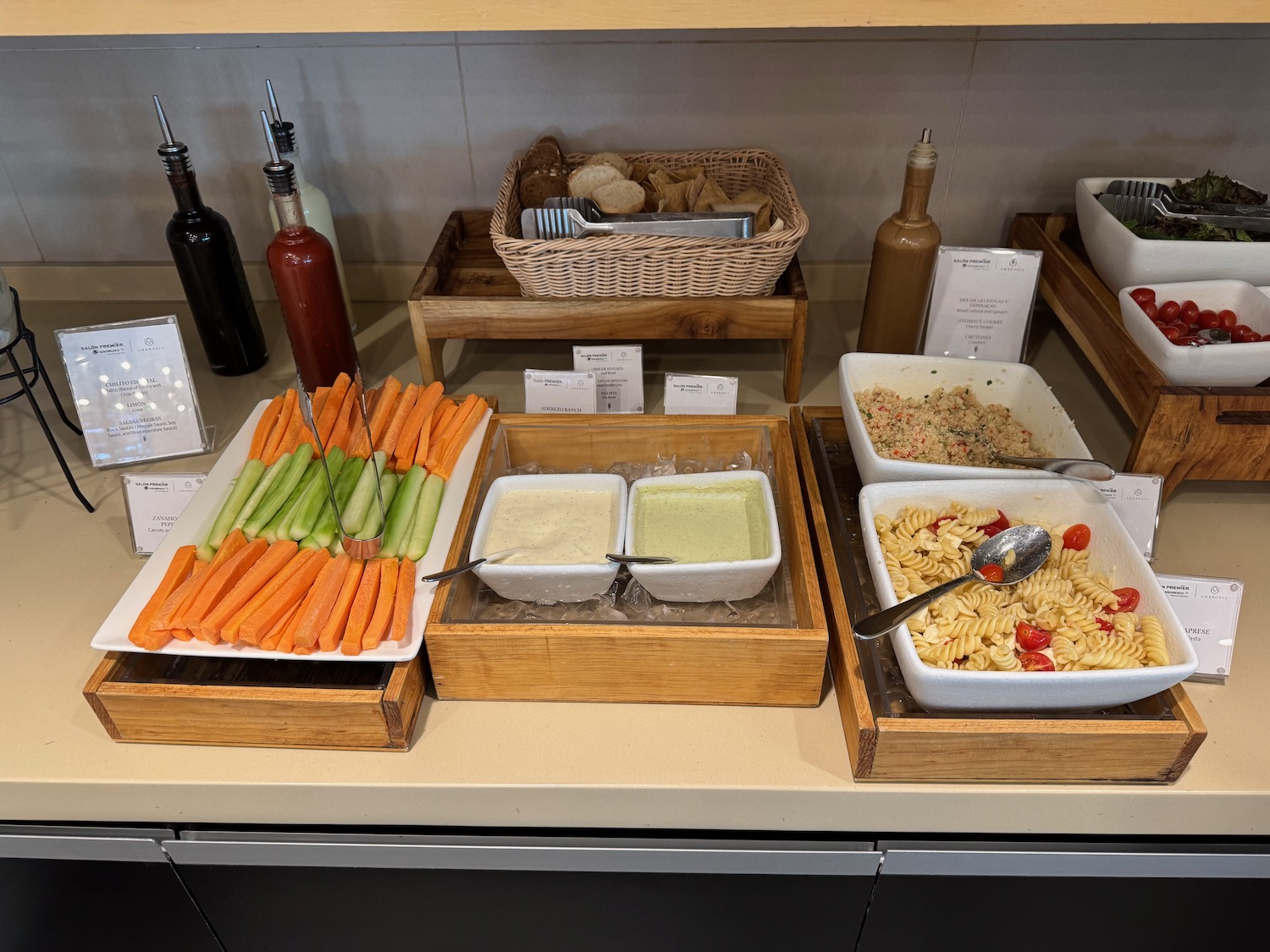 a buffet table with different food items