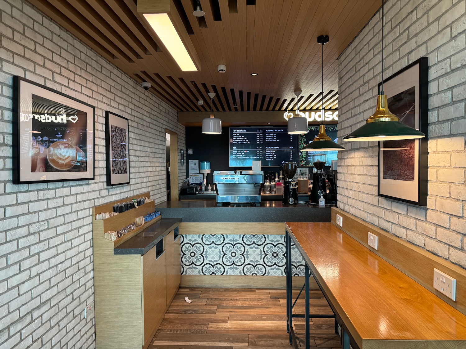 a coffee shop with a counter and a table