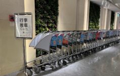 a row of luggage carts in a row