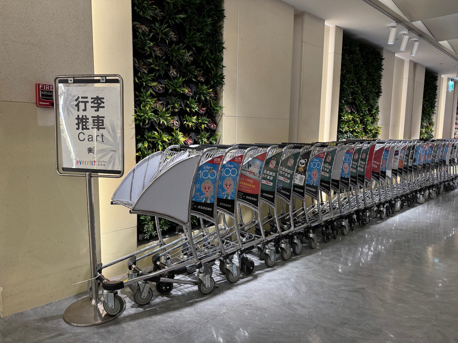 a row of luggage carts in a row