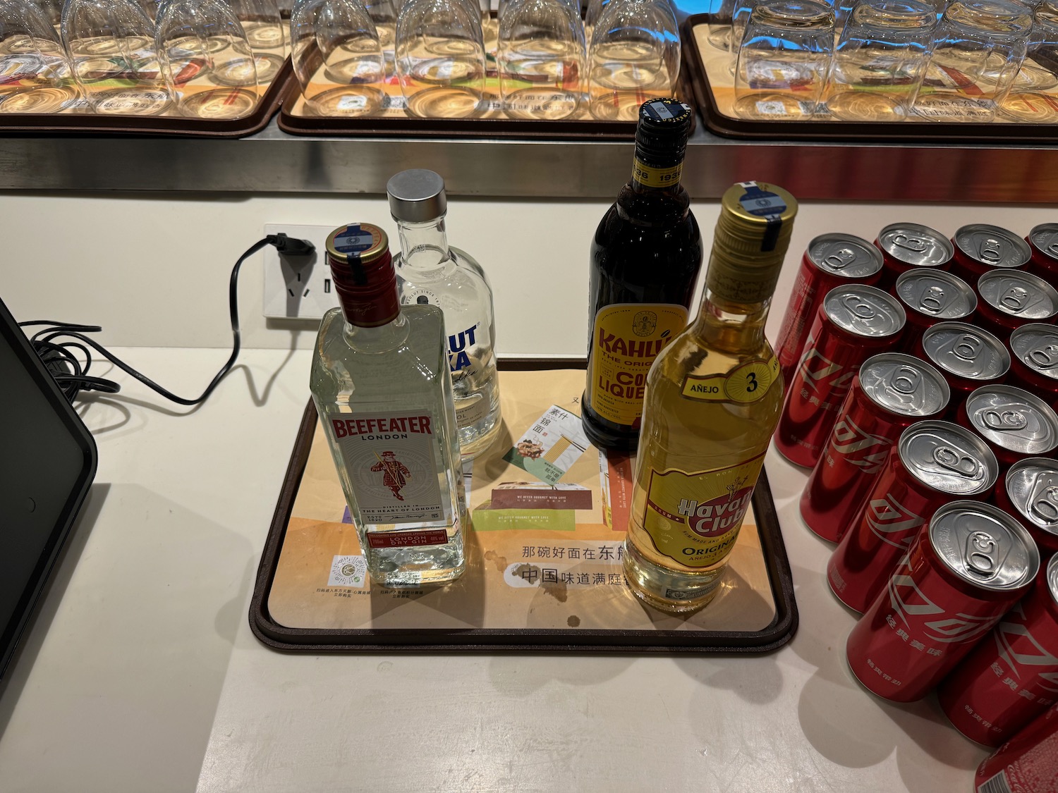 a group of bottles and cans on a table