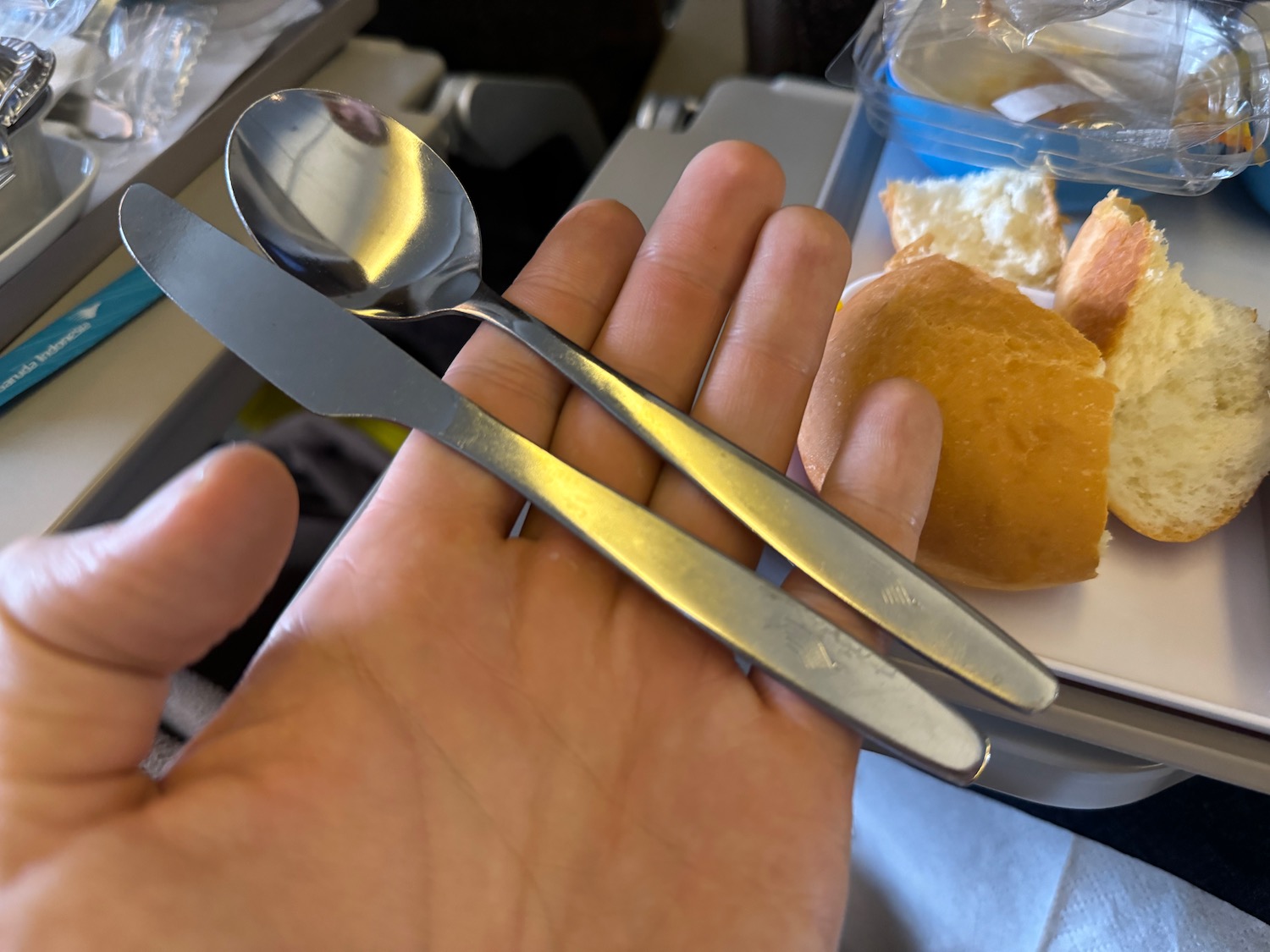 a hand holding a spoon and knife