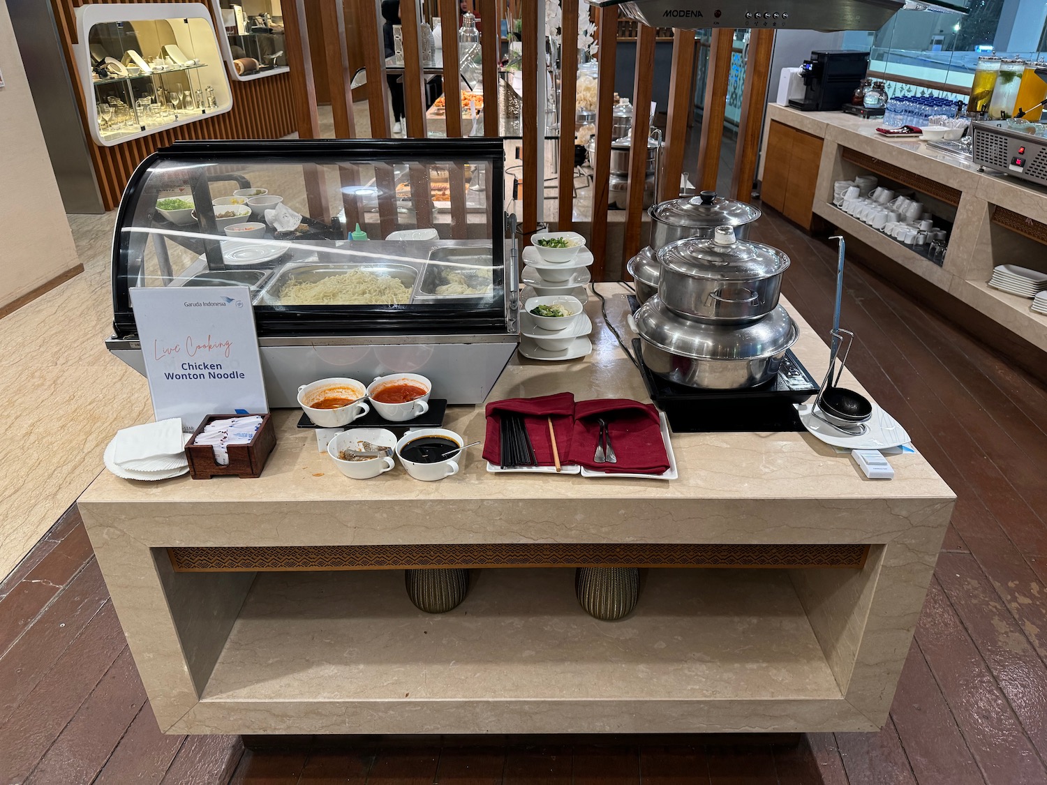 a buffet table with food items on it