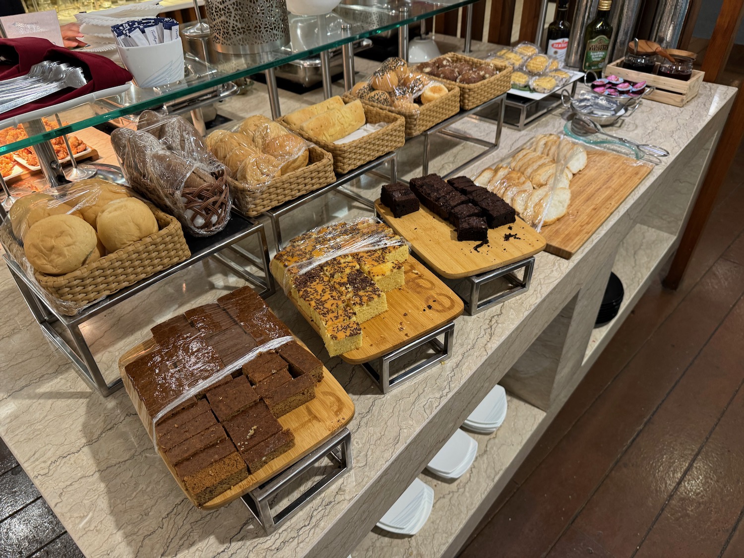 a display of pastries on a counter